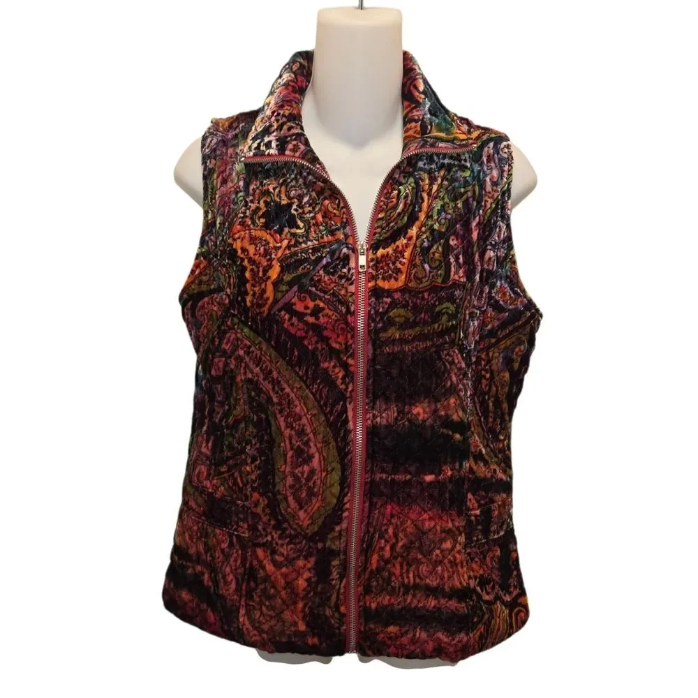 Chico's Vintage Silk Quilted Paisley Print Full Zip Vest Size 0 Small - Picture 1 of 6